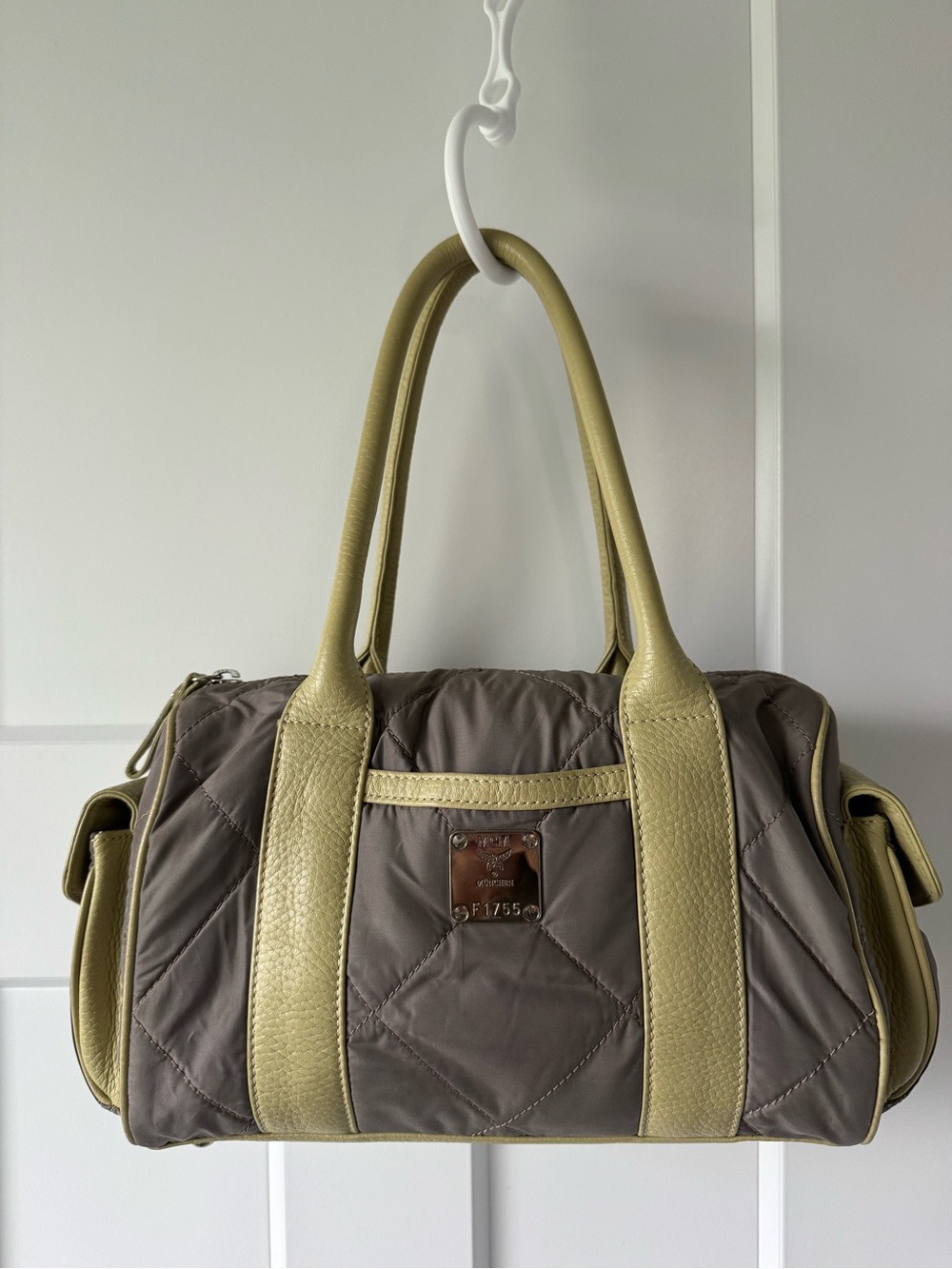 MCM Quilted Taupe Boston Bowling with Olive-Green Trim